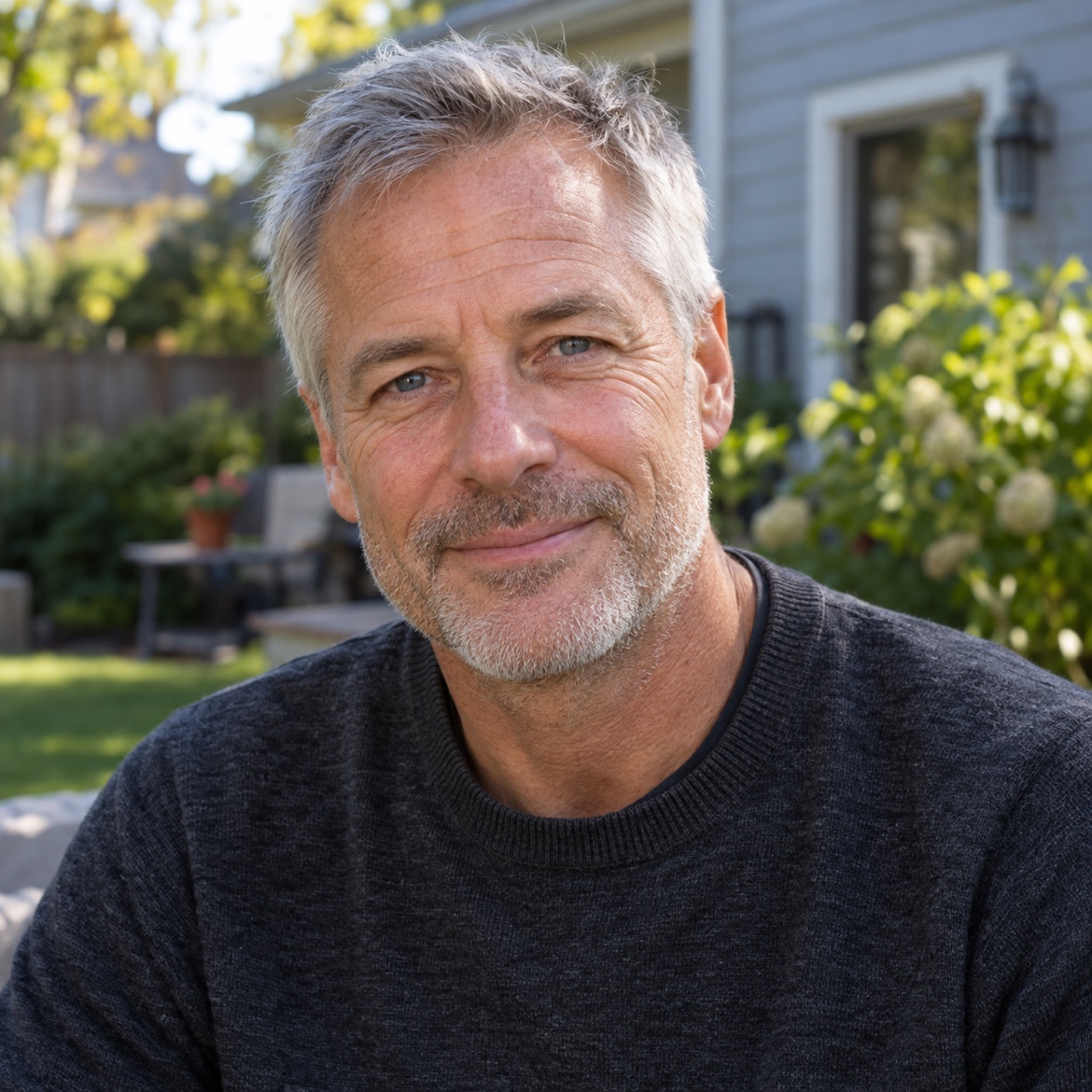 Older man with gray hair in a dark sweater, garden behind him
